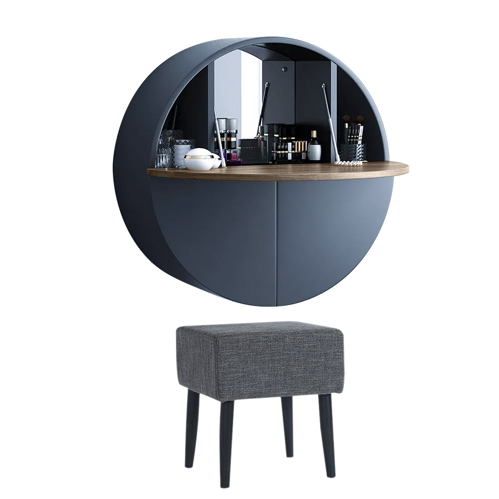 Modern Gray Round Wall-Mount Makeup Vanity Table Set with Mirror & Stool Included