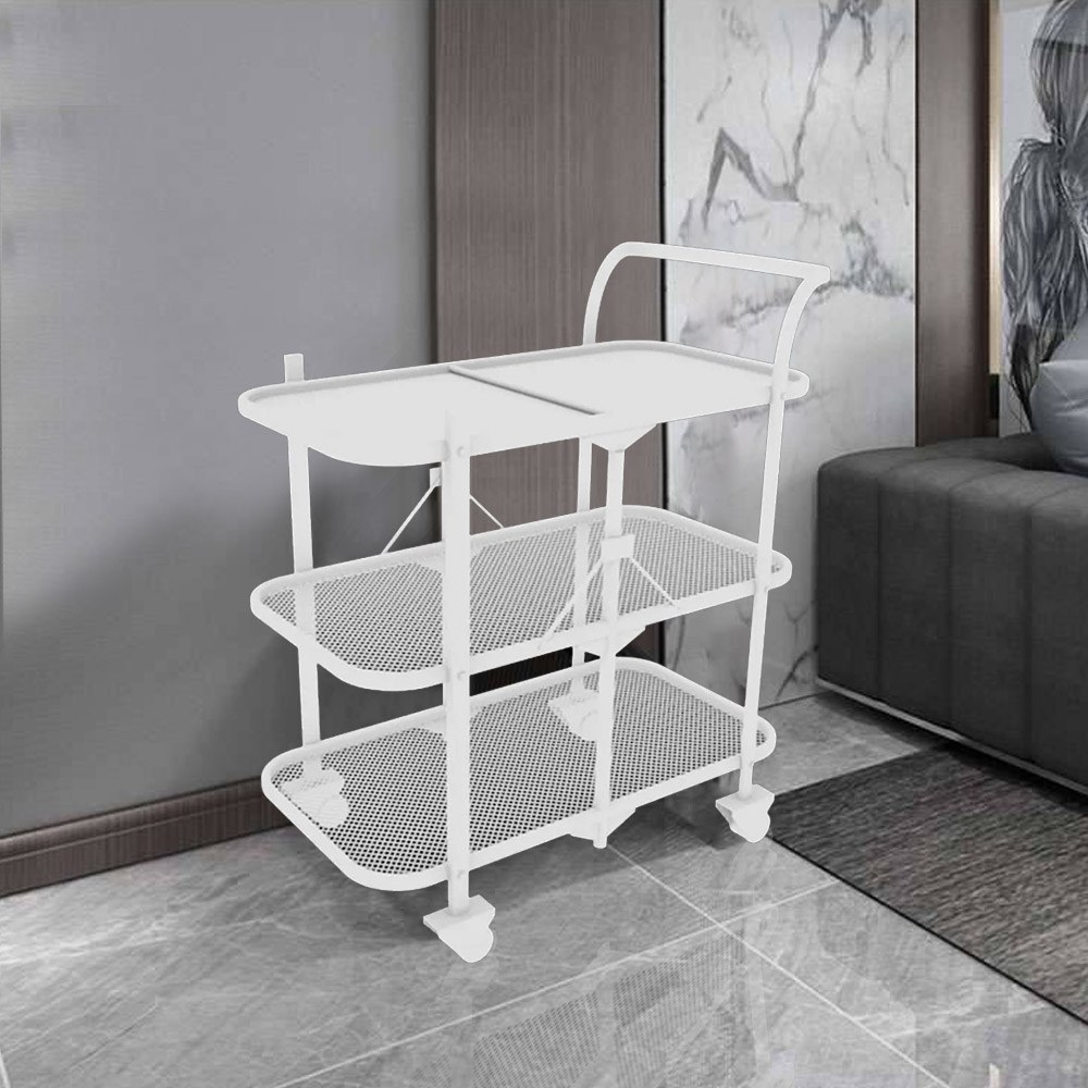 White Foldable Bar Cart 3-Tier 25.2" Rolling Serving Cart with Handle