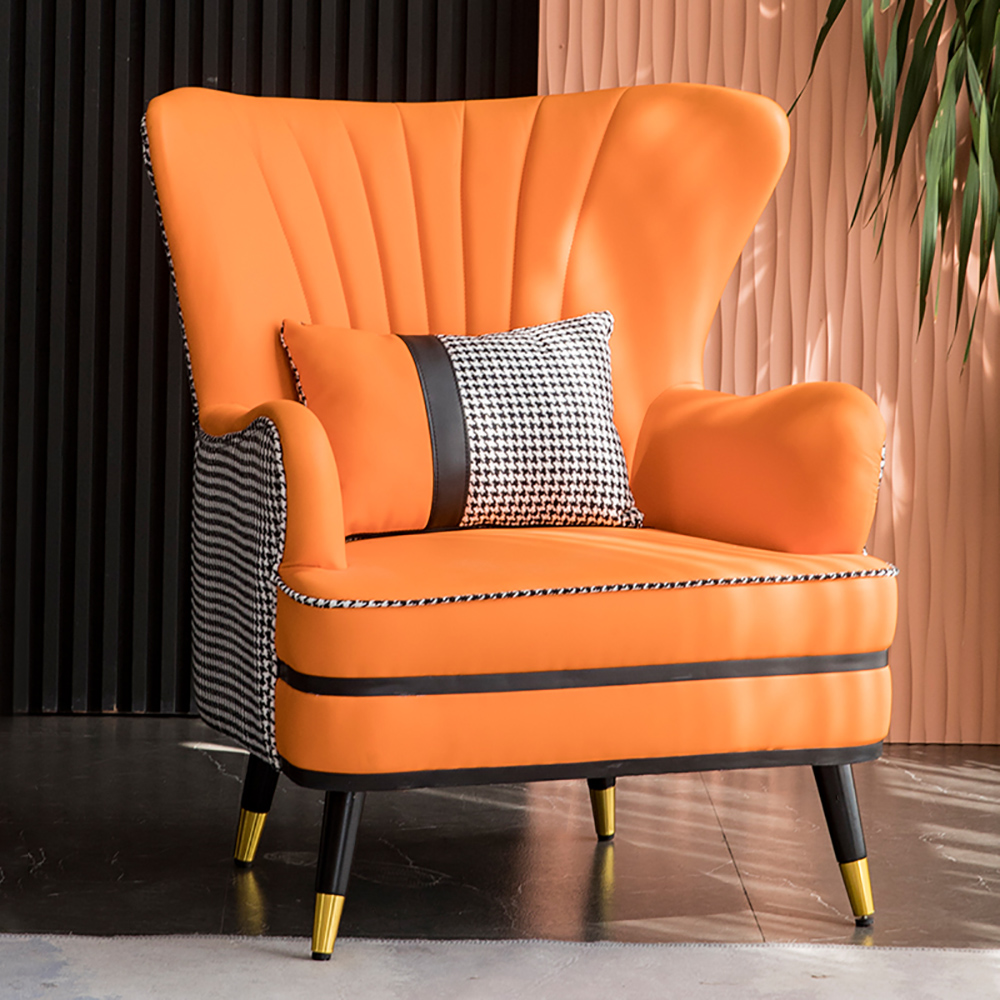 

Orange Leather Upholstered Accent Chair Modern Accent Chair with Pillow