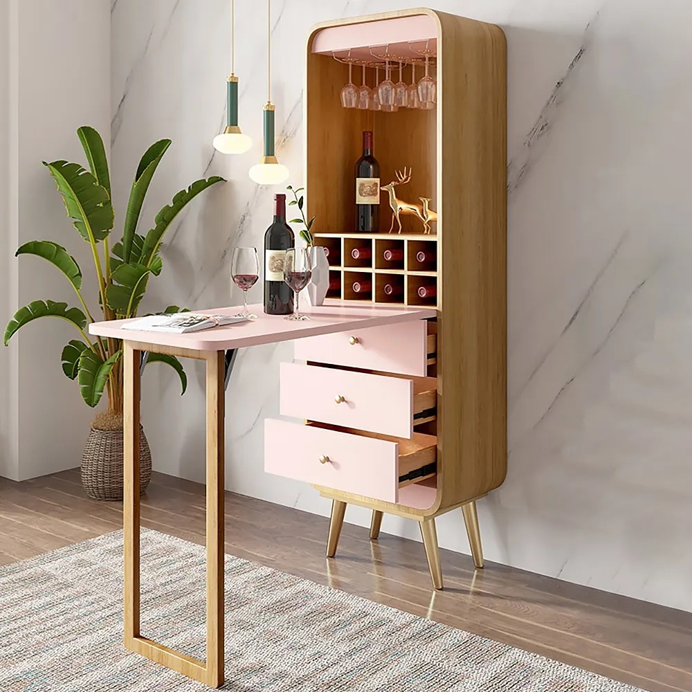 

Foldable Bar Cabinet Convertible with Wine Rack & Table & 3 Drawers