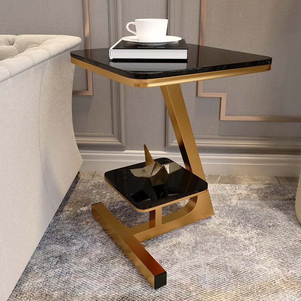 

Black Square Faux Marble Side Table with Shlef End Table in Gold
