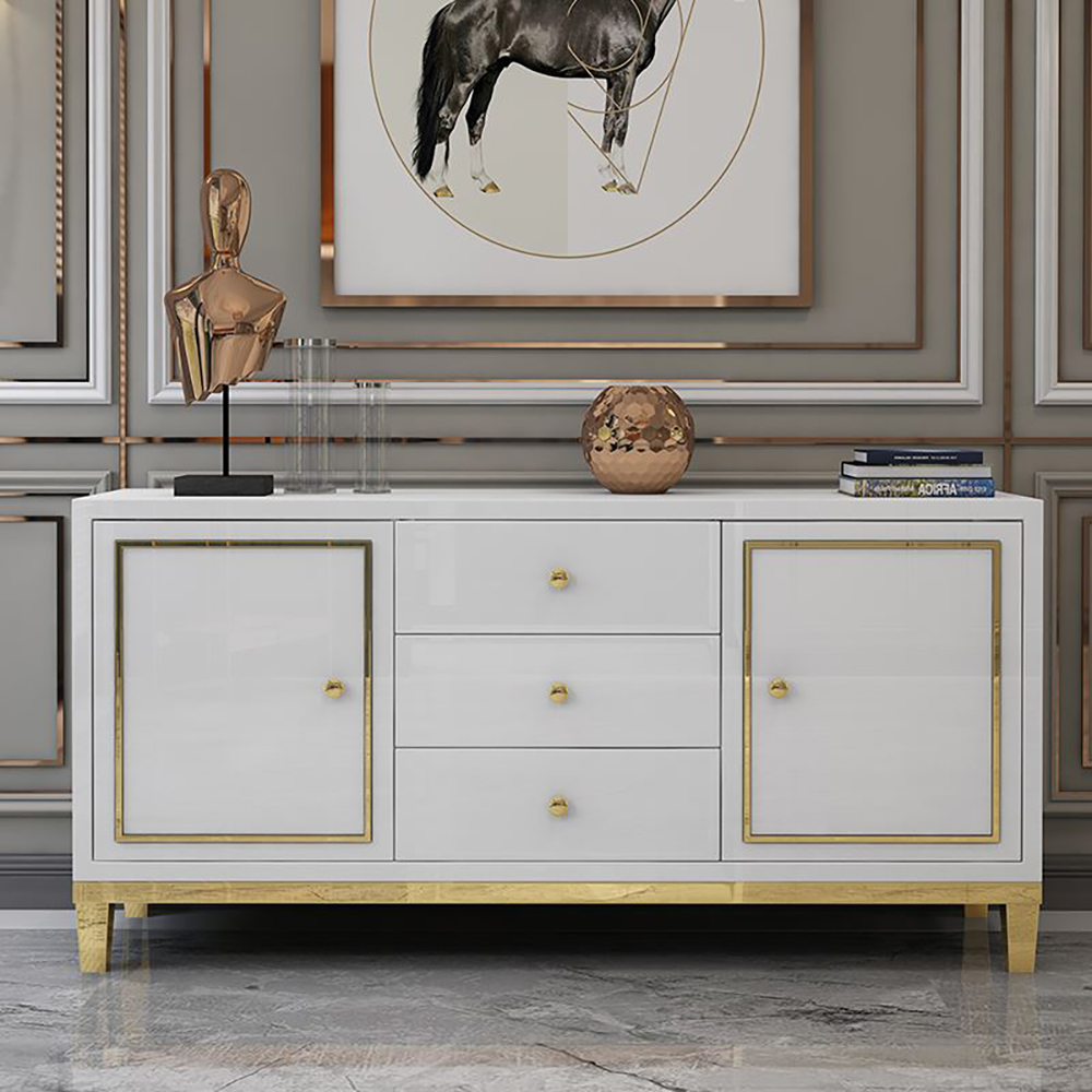 

47" White Sideboard Postmodern Tempered Glass Top Buffet with Doors & Drawers