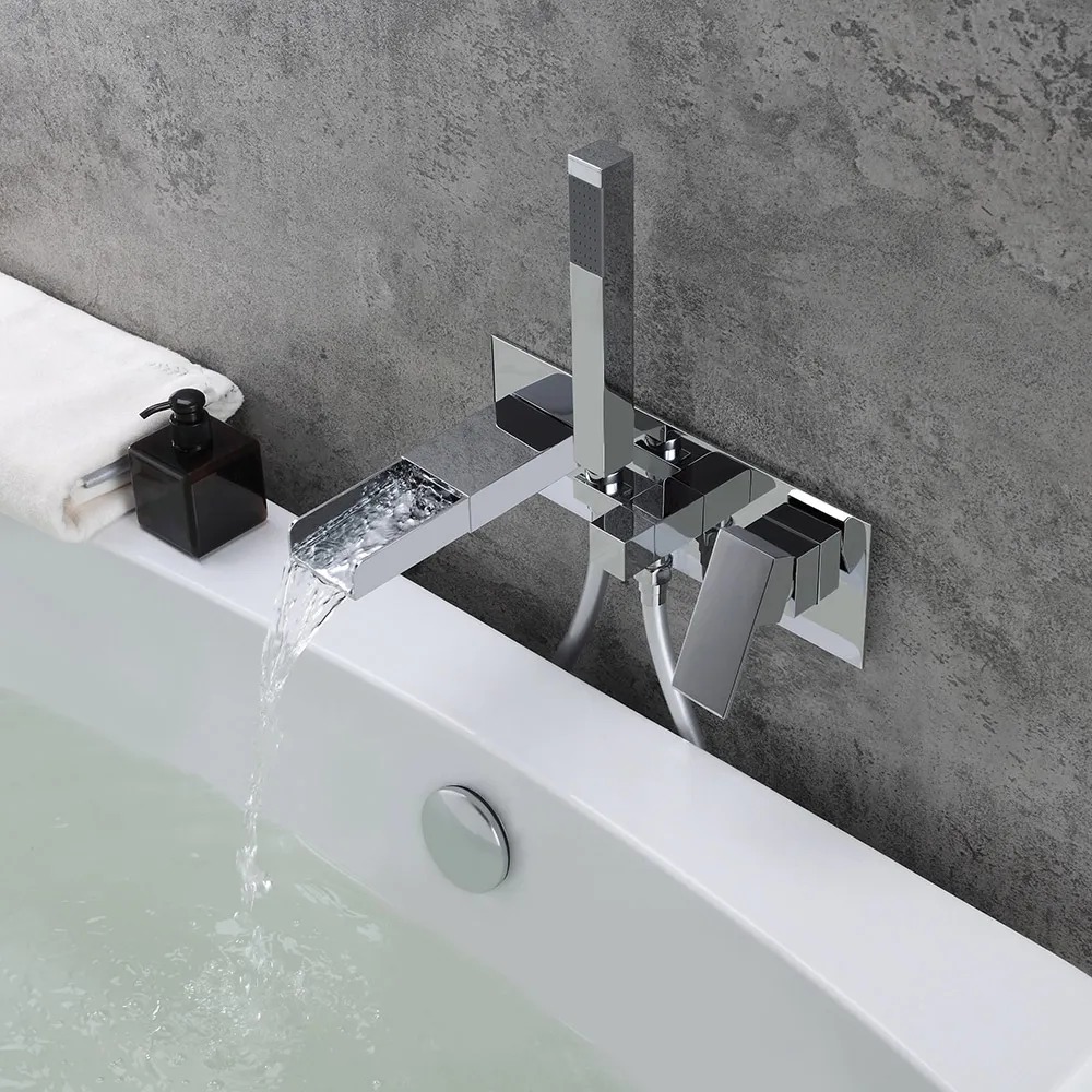 Mill Modern Waterfall Wall-Mount Tub Filler Faucet & Handshower Chrome Solid Brass