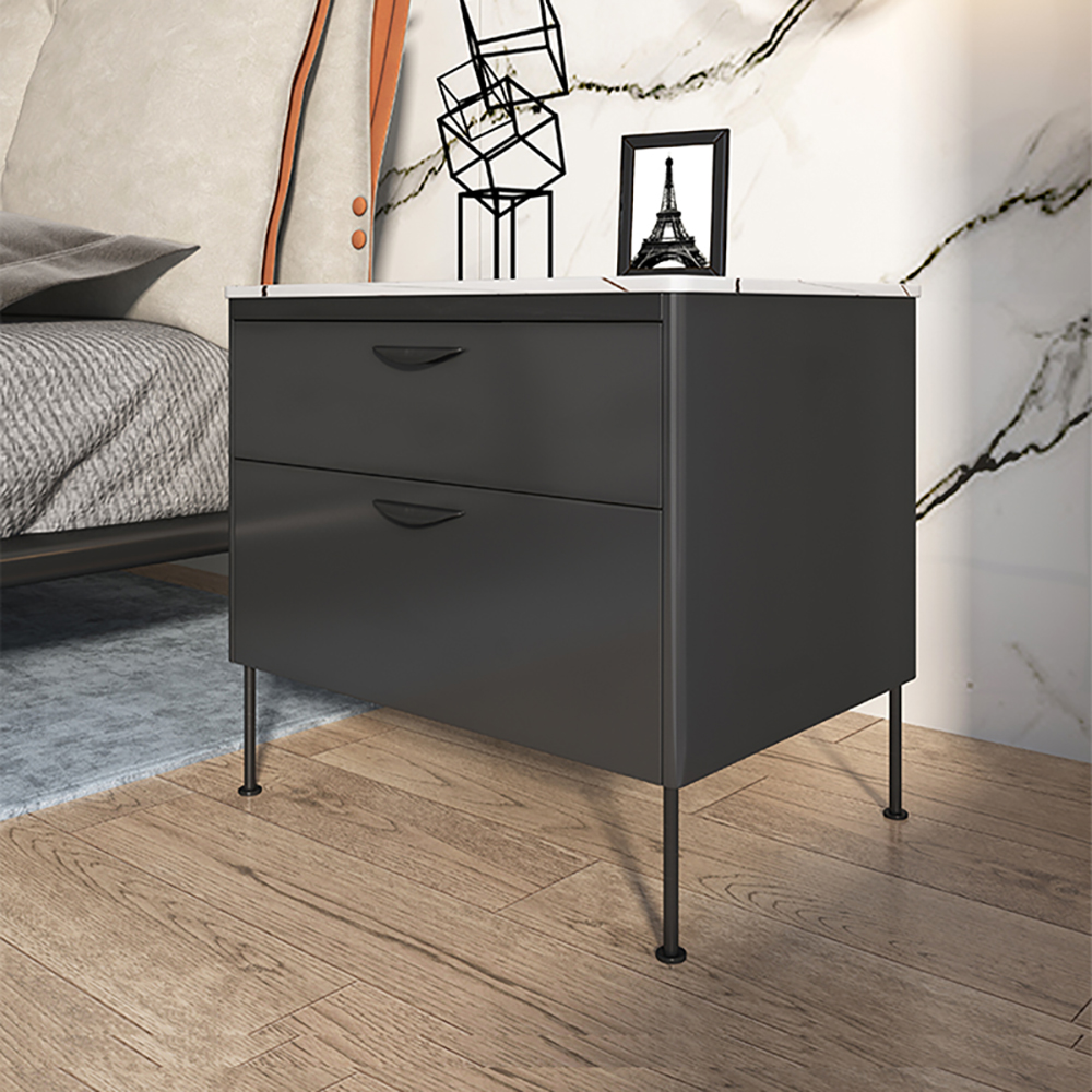 Modern gray nightstand luxury stone top 2 drawer lacquered bedside