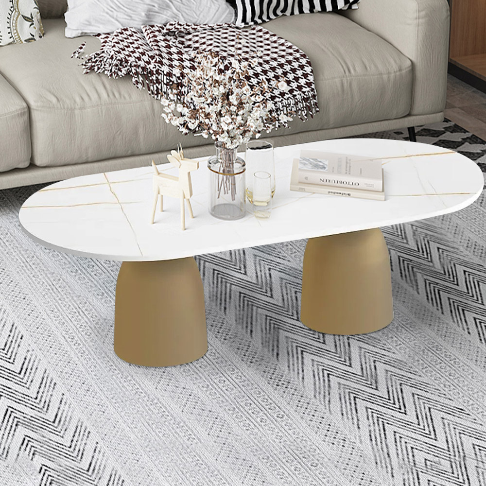 Modern Gold Oval Coffee Table with Marble TabletopHomary
