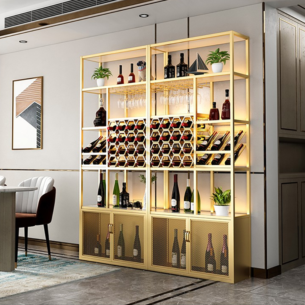 Gold Contemporary Standing Wine Rack with Glass Rack-B