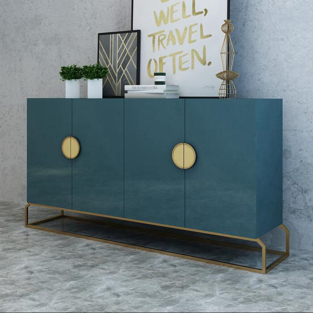 Blue Sideboard Cabinet with Storage 4 Doors Cabinet Buffet Gold Accent ...