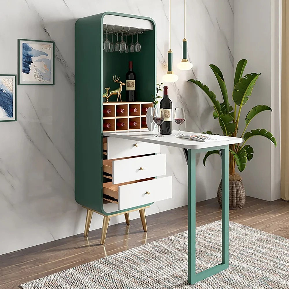 

Foldable Bar Cabinet Convertible with Wine Rack & Table & 3 Drawers, Green
