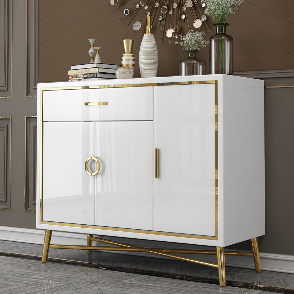

47" Modern White Sideboard Buffet with Doors & Drawer & Shelves in Gold