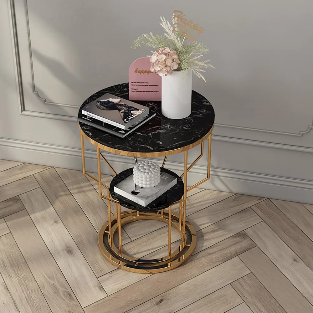 2-tiered Black Round Side Table With Storage Marble Top
