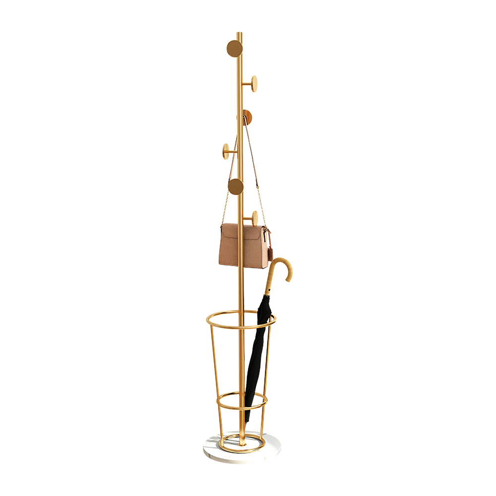 1700mm Entryway Metal Round Hooks Coat Stand with Umbrella Stand Base-Gold