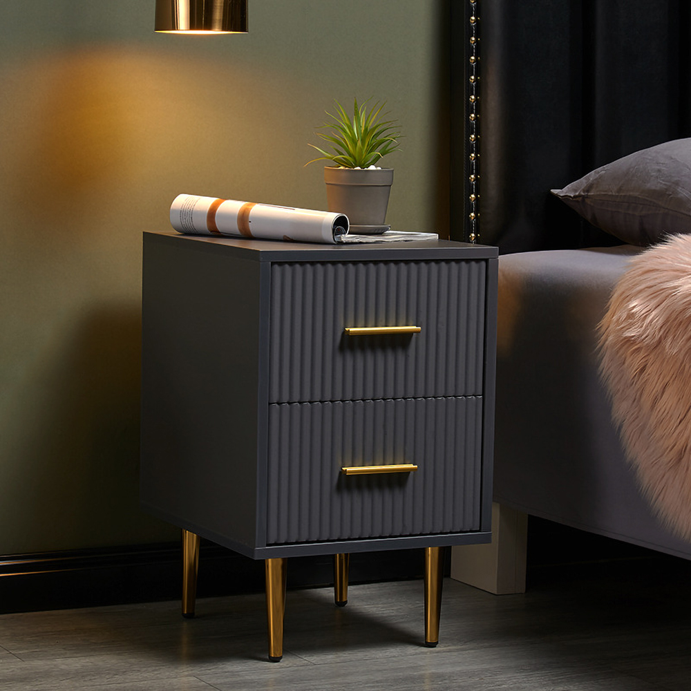 Modern Grey Rectangle Bedside Table with 2 Drawers and Gold Metal Base