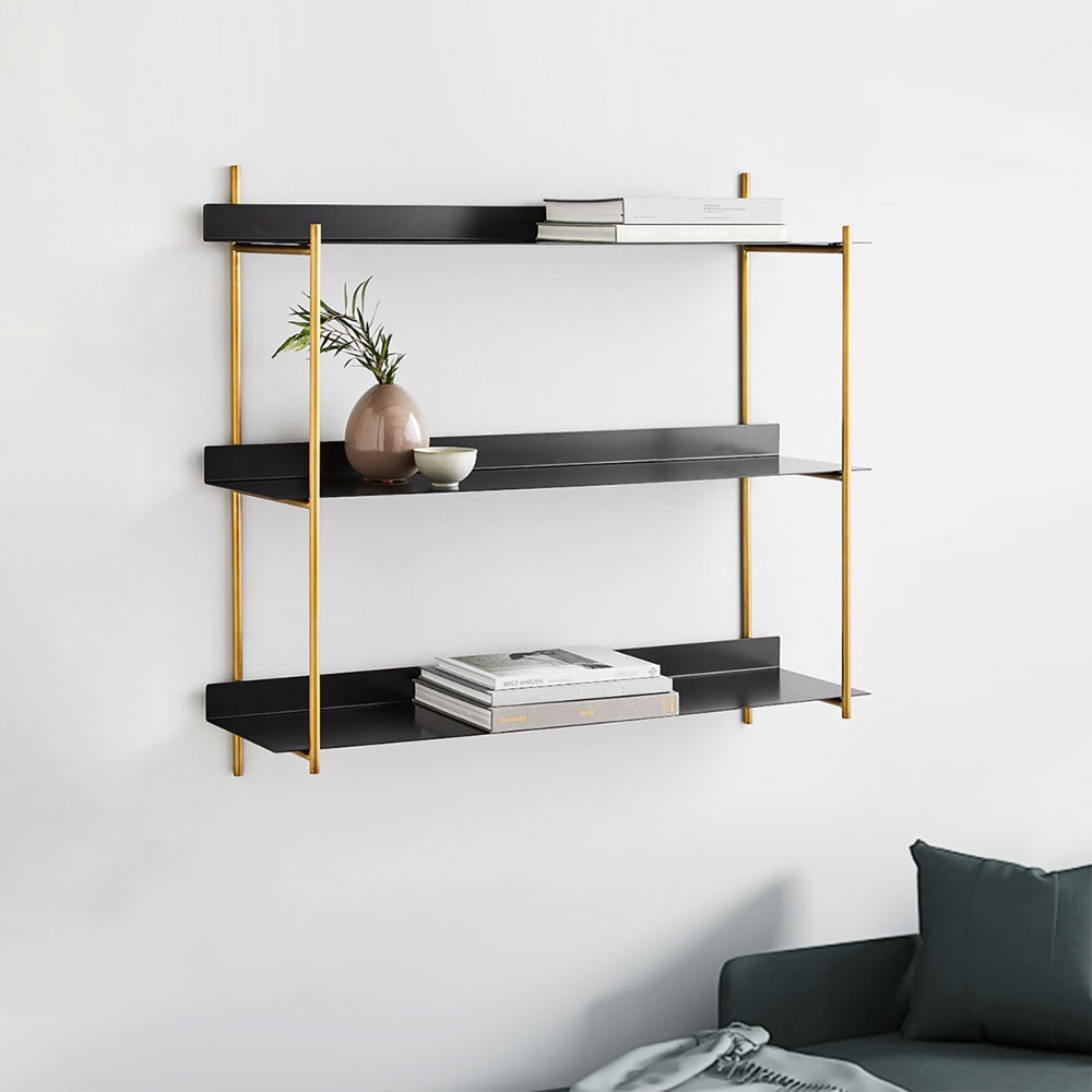 

Nordic Floating Shelves Wall Shelf in Black & Gold 3-Tier