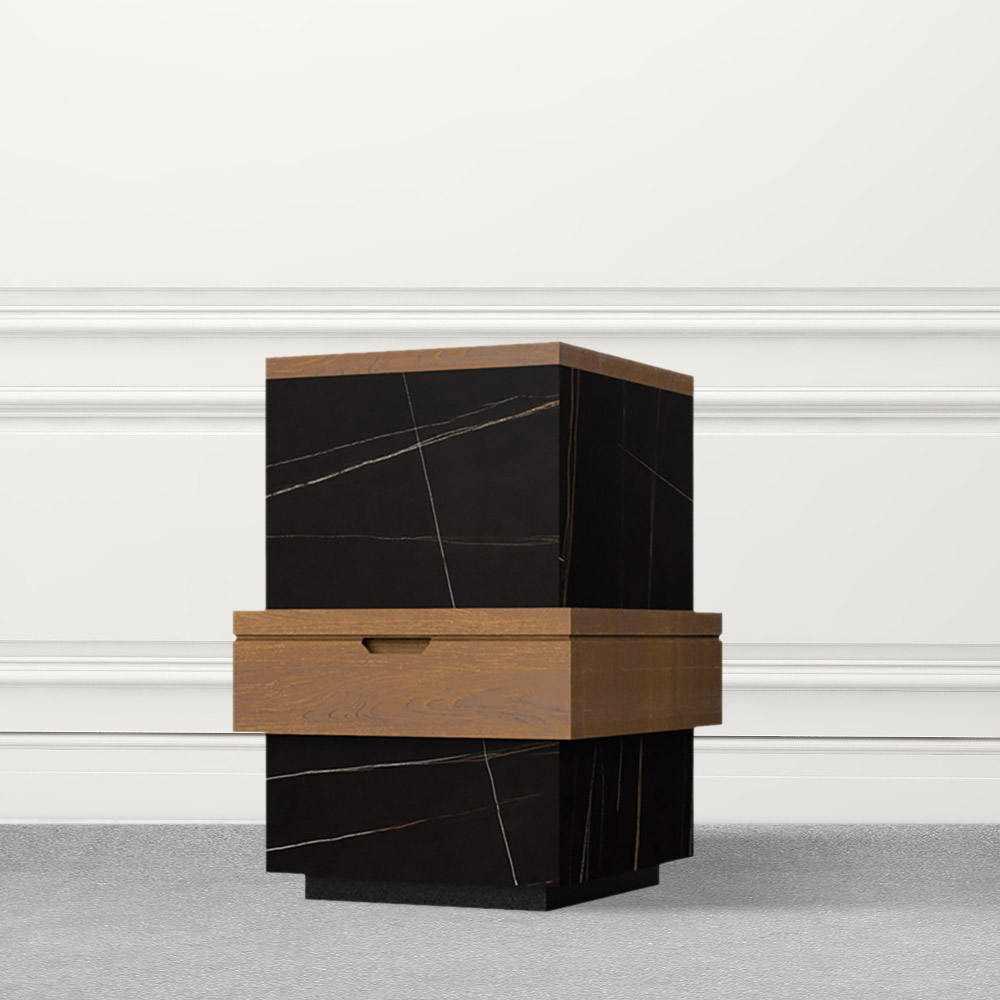 

Black Modern End Table with Storage in Stone & Wood & Metal Square Side Table
