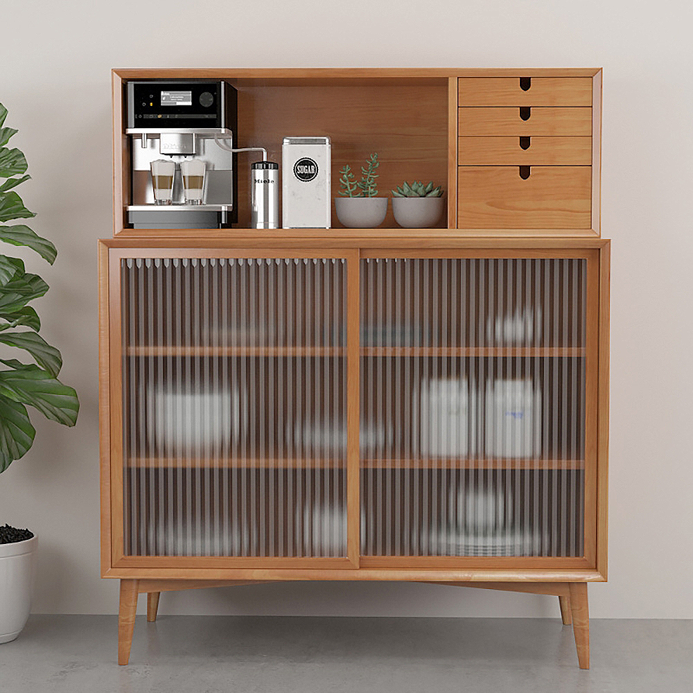 

Nordic Natural Sideboard Buffet with Tempered Glass Doors & Drawers & Shelves