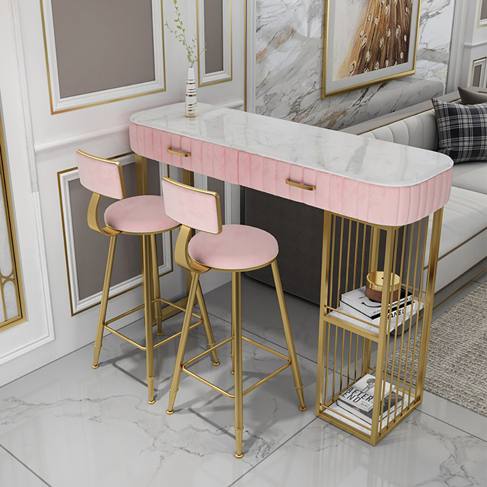 Modern Bar Table With Storage And 2 Shelves In Pink