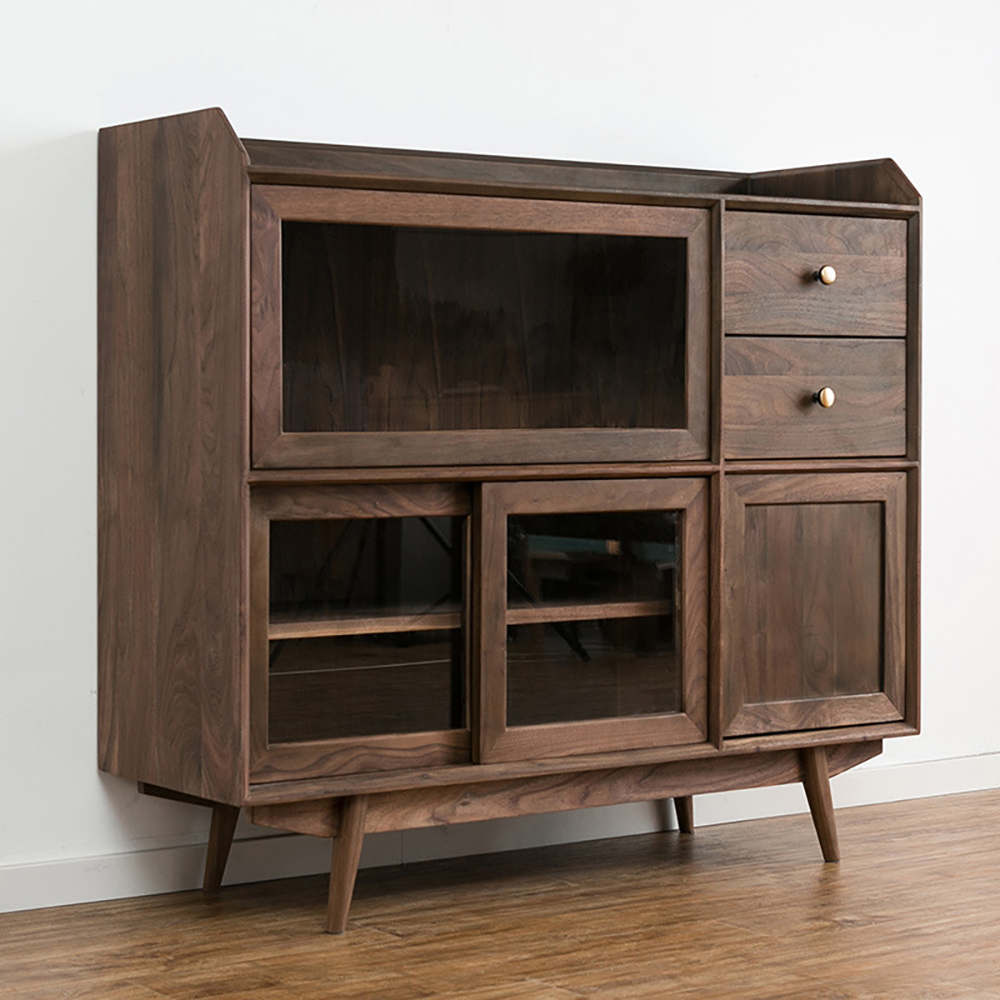 

Nordic Walnut Sideboard Buffet with Flip Top Glass Doors & Drawers & Shelf