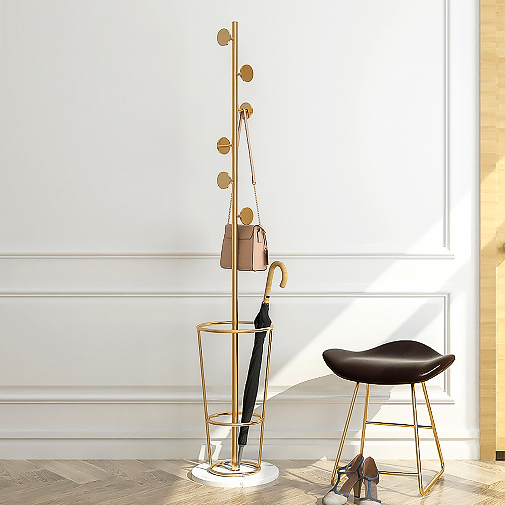 1700mm Hallway Metal Round Hooks Coat Stand with Umbrella Stand Base-Gold