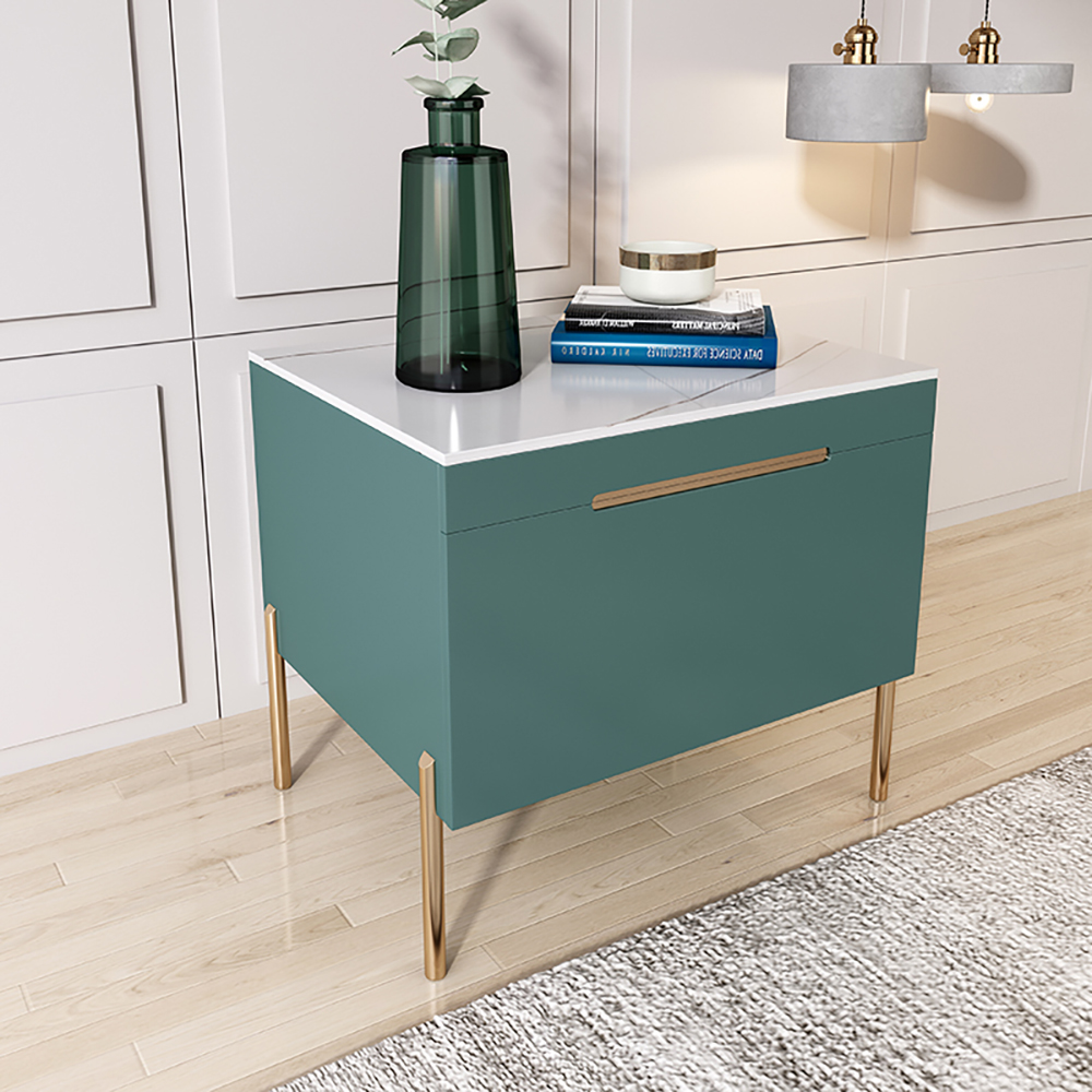 Modern Green Nightstand Luxury Stone Top Lacquered 1-Drawer Bedside Table