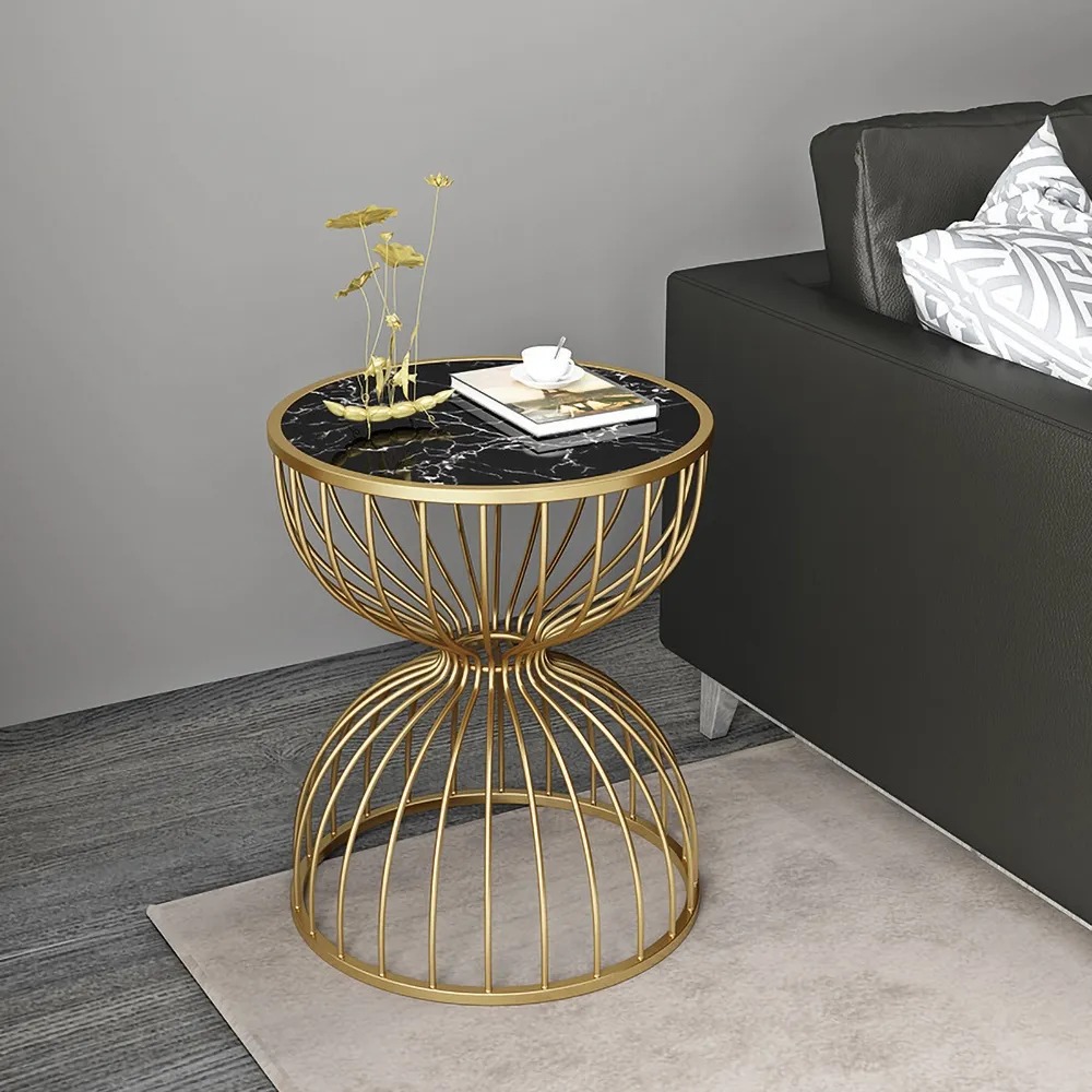 Black End Table Marble Top Side Table Metal in Gold