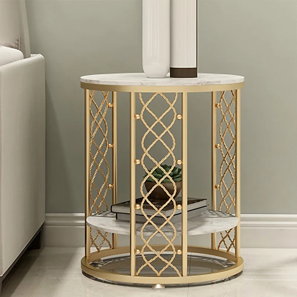 White End Table with Storage Marble Side Table Metal in Gold