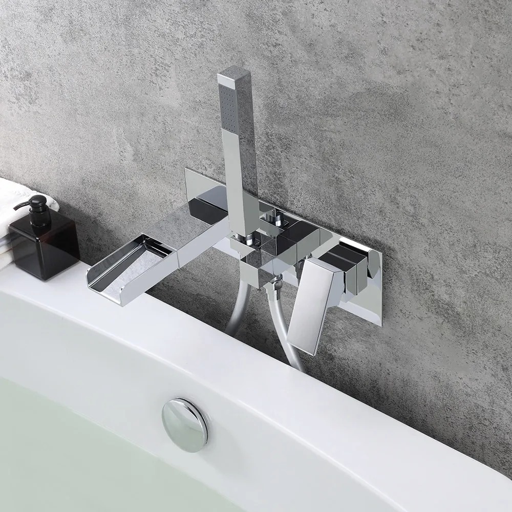 Mero Modern Waterfall Wall-Mount Tub Filler Faucet & Handshower Chrome Solid Brass