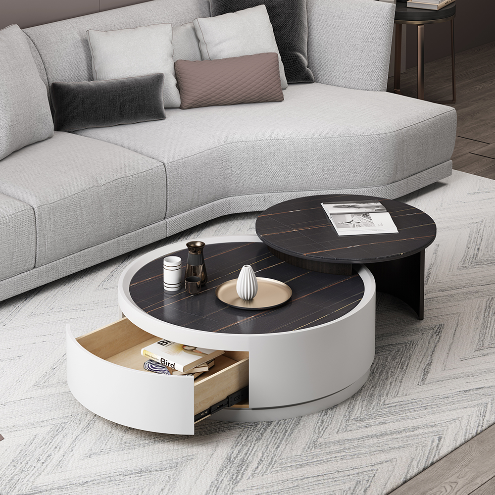 

White Modern Nesting Coffee Table Set with Drawer Stone Top