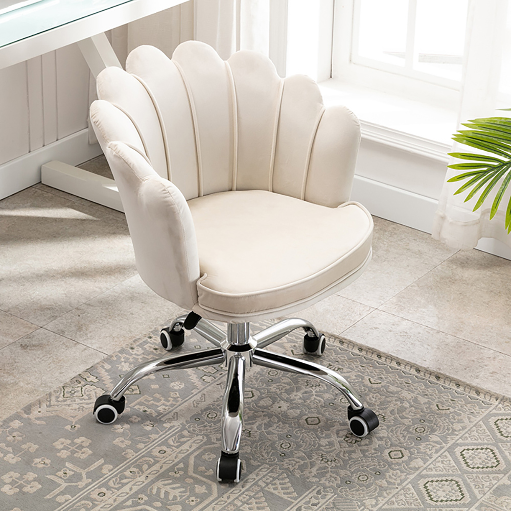 Image of Beige Modern Swivel Office Chair Velvet Upholstered Task Chair Adjustable Height