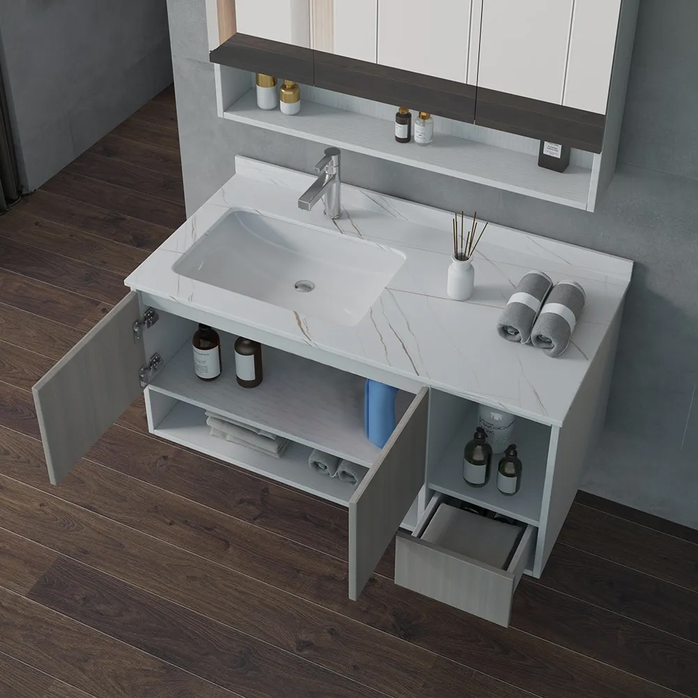 Modern 39" White/Gray Floating Bathroom Vanity Stone Top Ceramic Basin