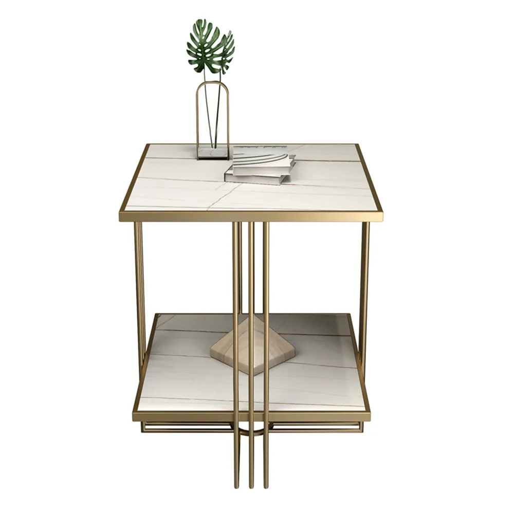 White Stone Top Side Table with Storage and Geometric Gold Frame