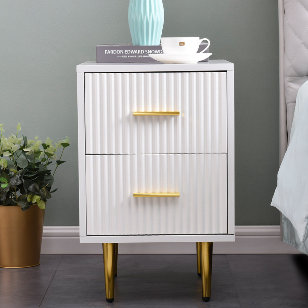 Modern White Rectangle Nightstand with 2 Drawers and Gold Metal Base