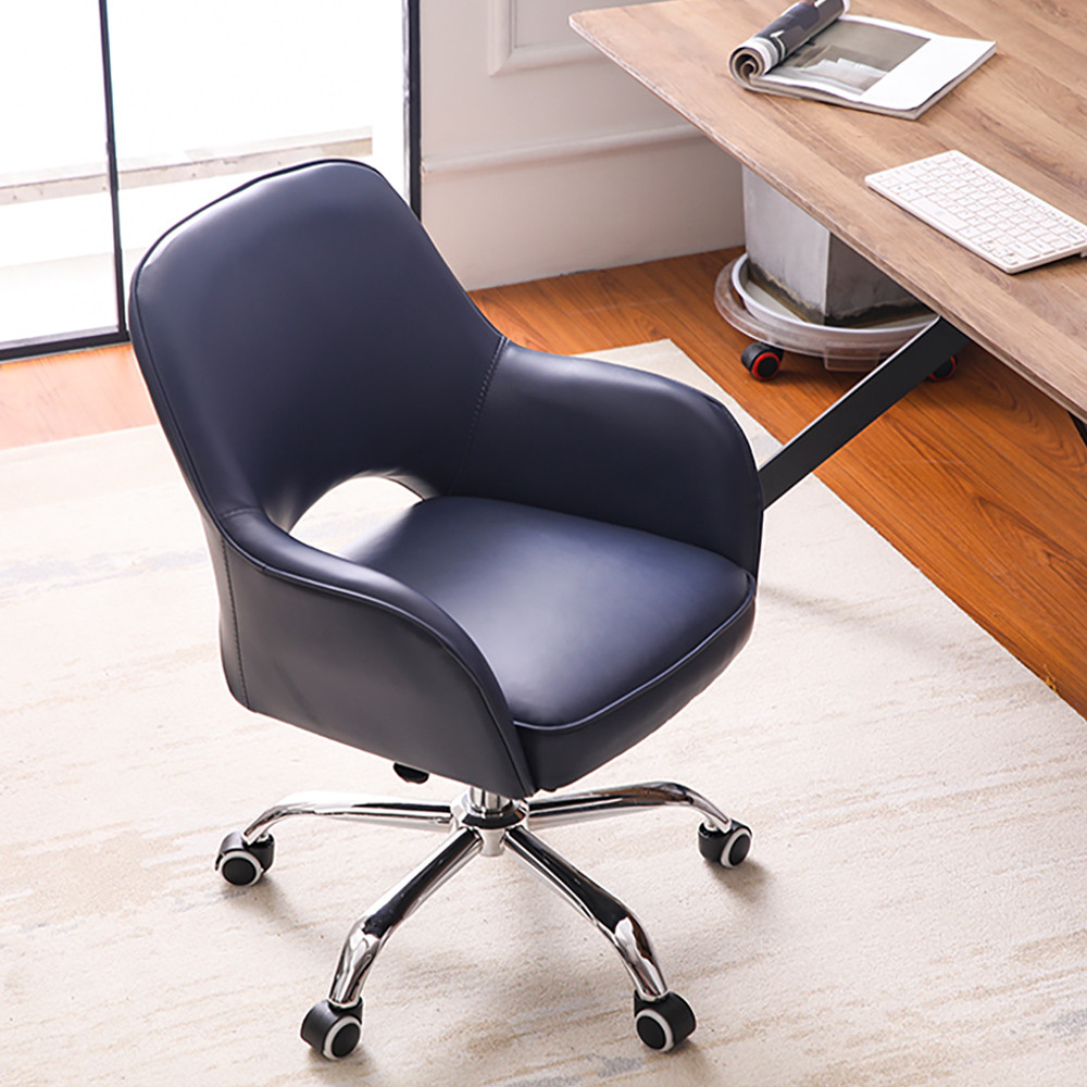 Image of Blue Swivel Office Chair for Desk Upholstered Faux Leather Task Chair Adjustable Height