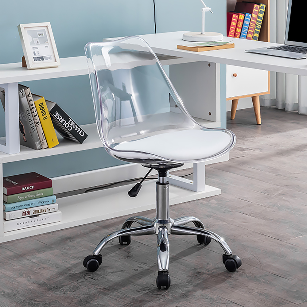 Chaise de bureau pivotante moderne en plastique transparent avec hauteur réglable en blanc