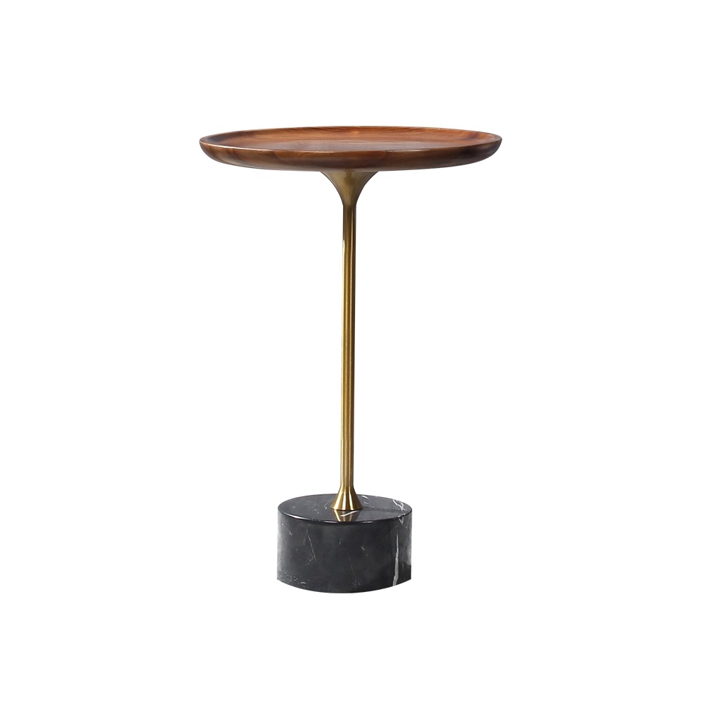 Round Black Marble End Table Walnut Living Room