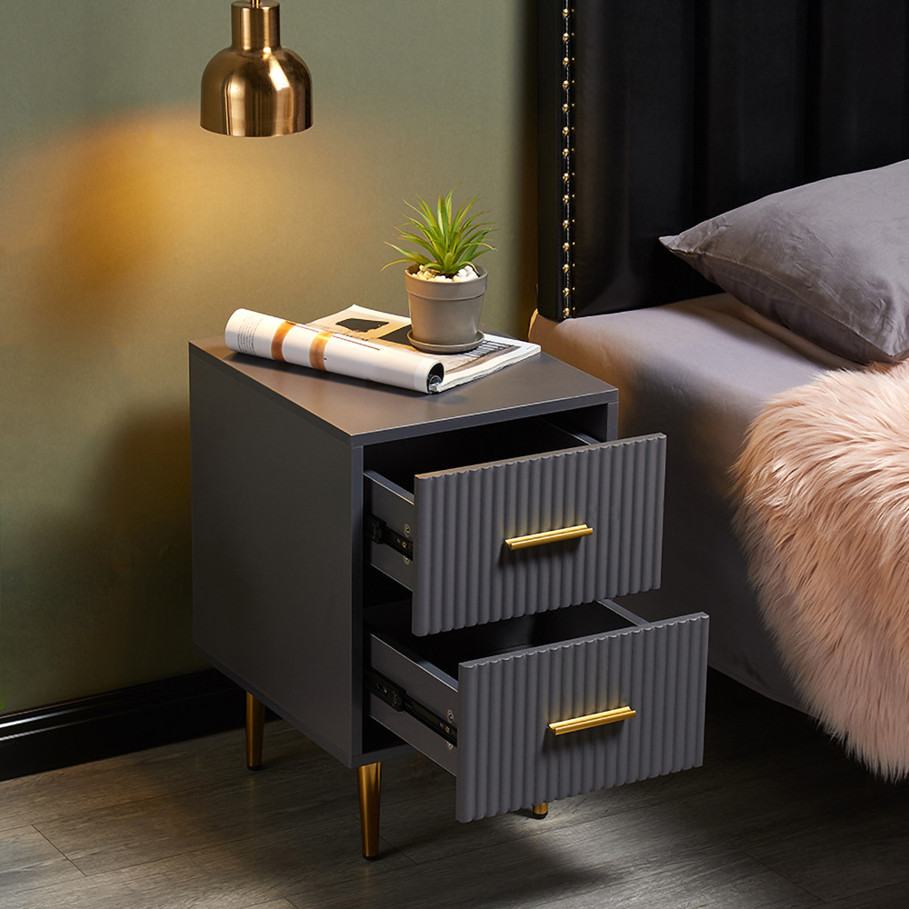 Modern Grey Rectangle Nightstand with 2 Drawers and Gold Metal Base