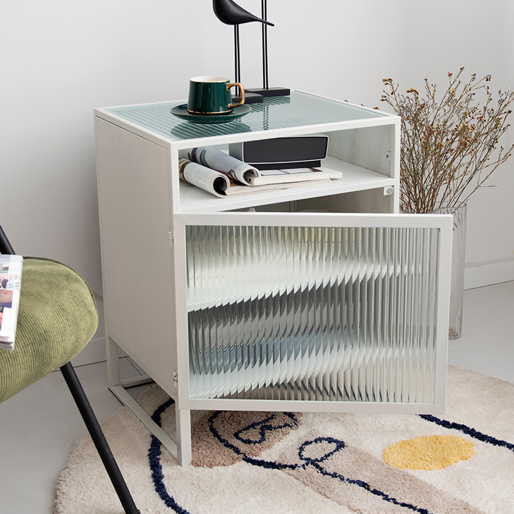

Nordic Minimalist White Nightstand Glass Door Bedside Table with 2 Shelves
