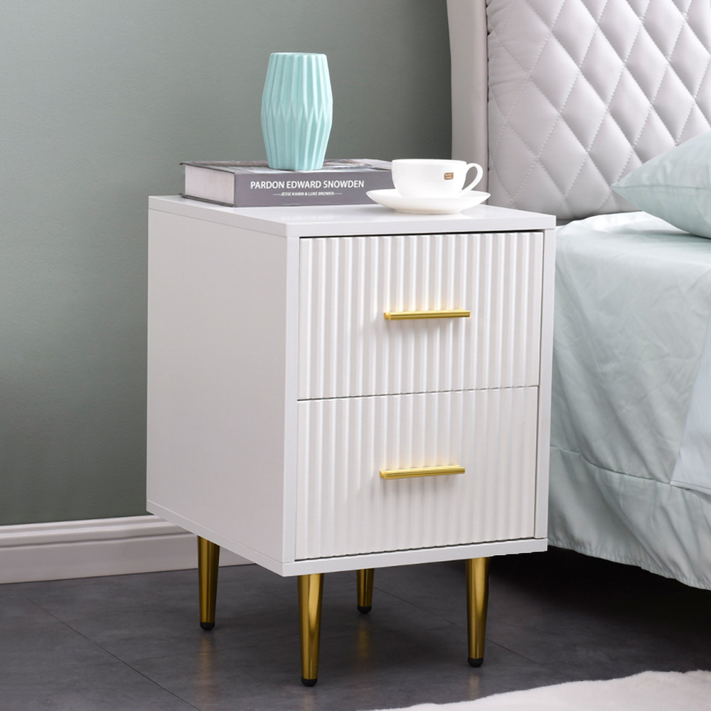 Modern White Rectangle Bedside Table with 2 Drawers and Gold Metal Base