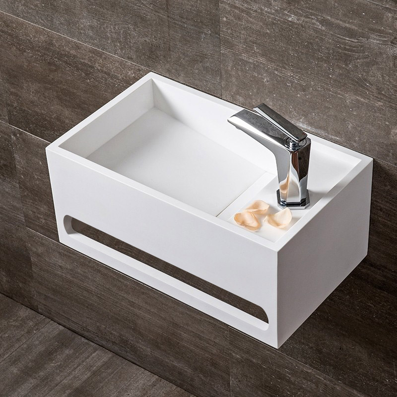 

Stone Resin Solid Wall-Hung Bathroom Ramped Sink with Towel Bar in Matte White