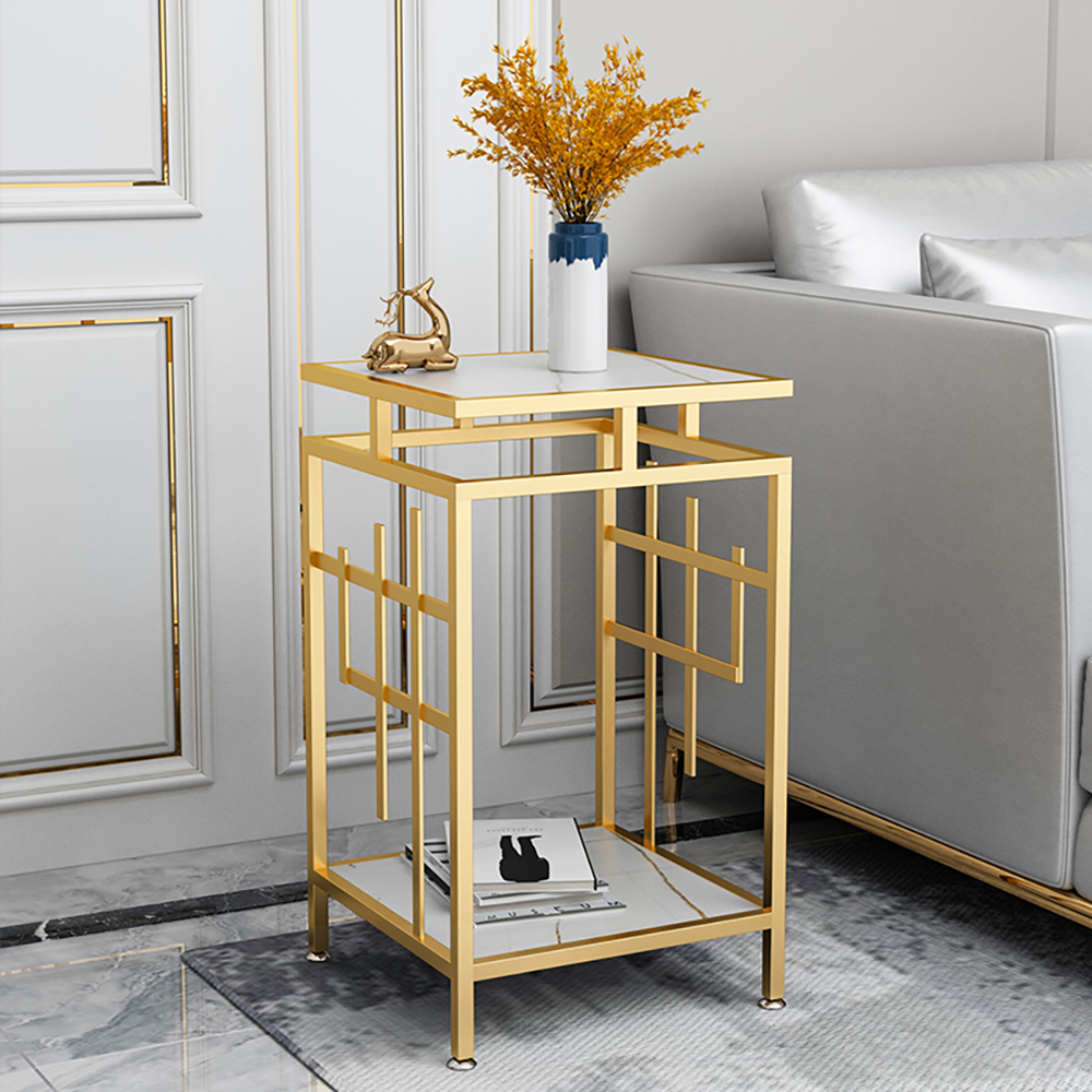 White 2Tiered End Table with Shelf Metal Frame Side Table