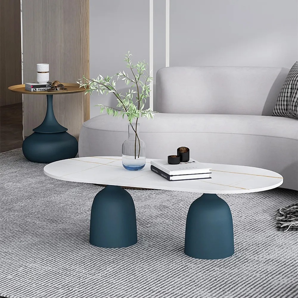 

Modern Blue Oval Coffee Table with Marble Tabletop