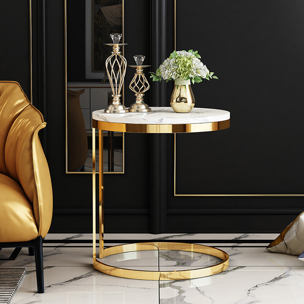White Round Marble Side Table with Gold Stainless Steel Frame
