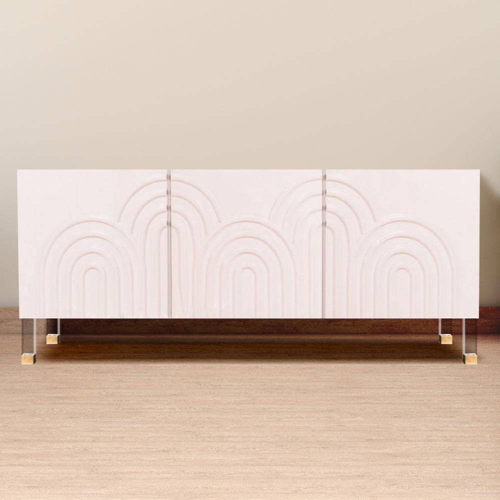 

Pink Credenza Cabinet 3 Door Wavy Pattern Sideboard Acrylic Legs