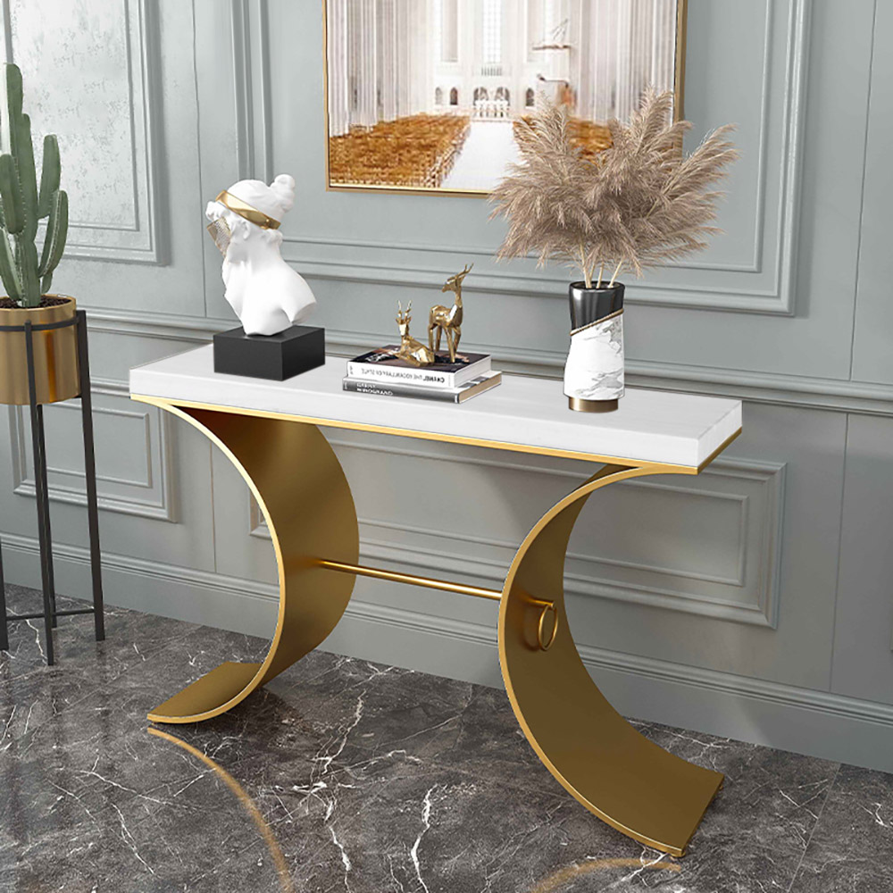 White Modern Narrow Console Table With Wood Top & Metal Pedestal