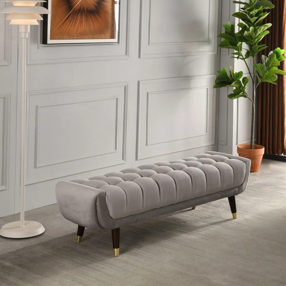 Modern Entryway Bench Grey Velvet Upholstered Ottoman Bench for End of Bed