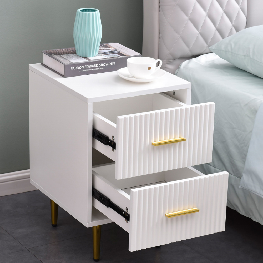 Modern White Rectangle Bedside Table with 2 Drawers and Gold Metal Base