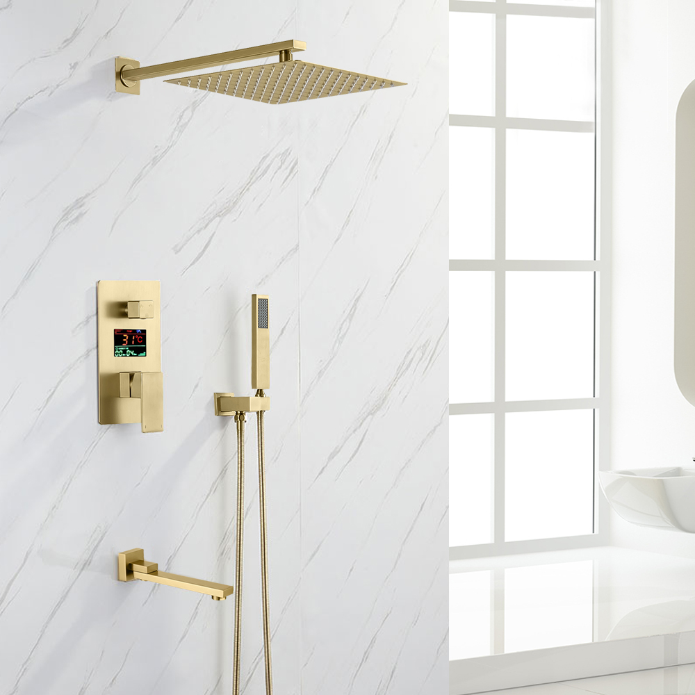 LED Digital Display Brushed Gold Wall-Mount Rain Shower System 2 ...