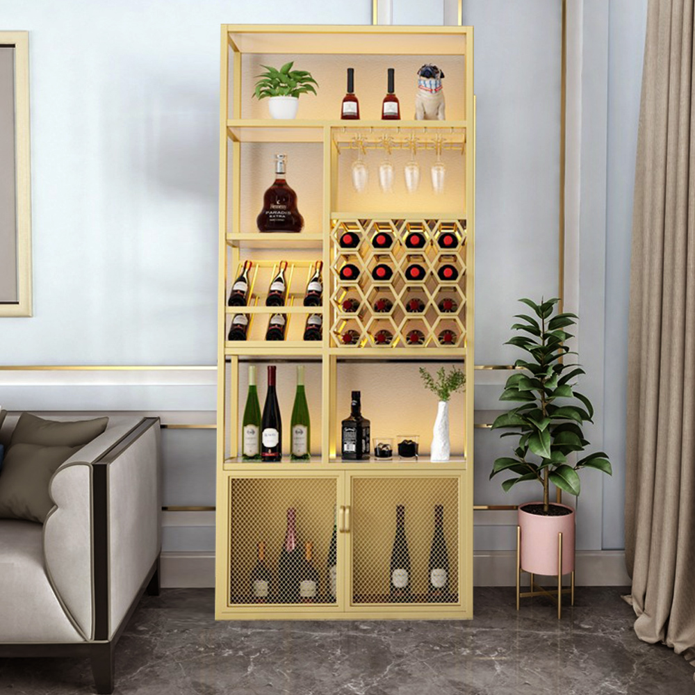 Image of Gold Contemporary Standing Wine Rack with Glass Rack-A