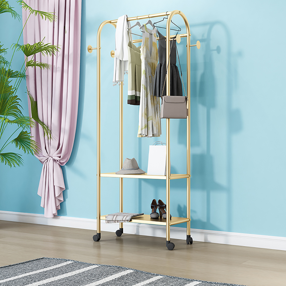 62.9'' Gold Metal Cloth Rack with 2-Tier Shelve Practical Wheels