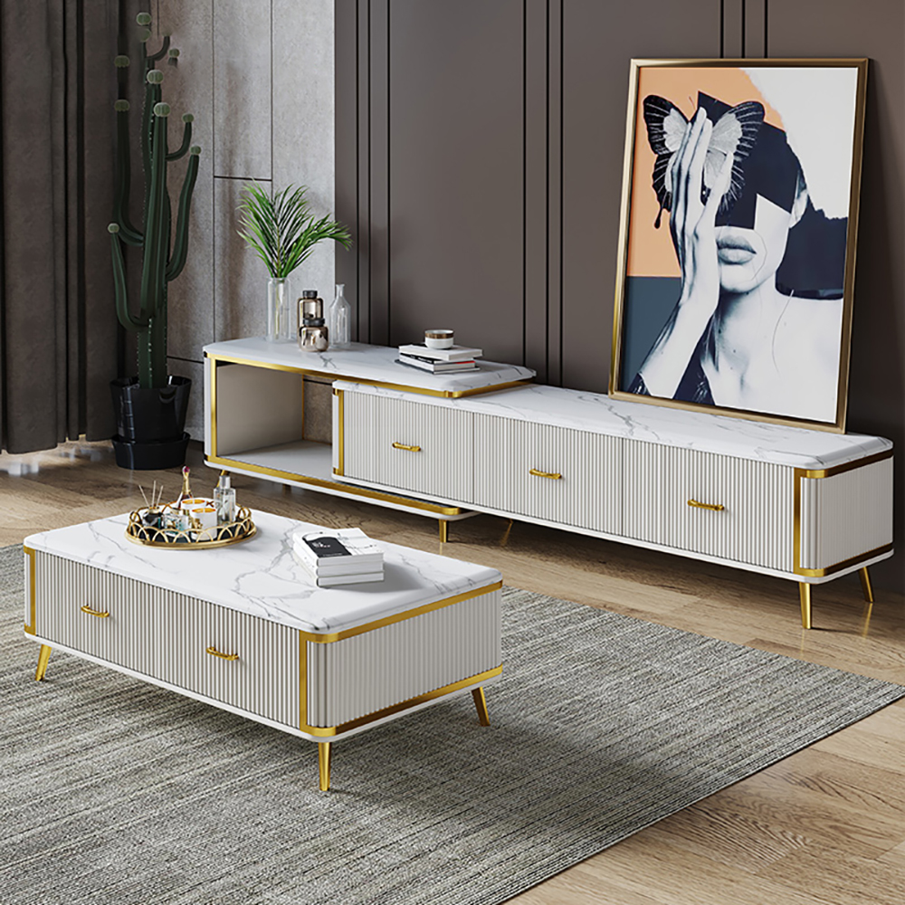 

Modern White TV Stand Faux Marble Top Luxury Extendable Media Console with 3 Drawers