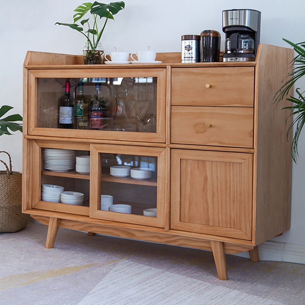 

Nordic Natural Sideboard Buffet with Flip Top Glass Doors & Drawers & Shelf
